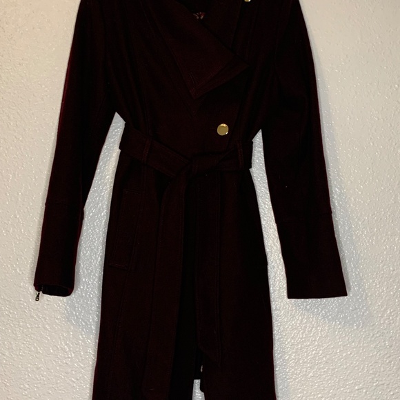 GUESS Burgundy Wrap Coat Gold Buttons | Lined Statement Jacket - Picture 3 of 5
